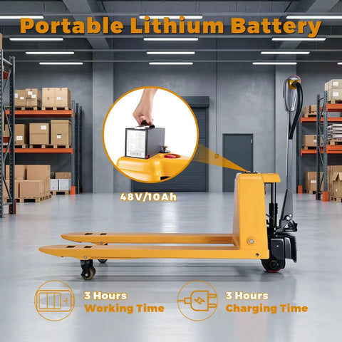 High Power Northsky Electric Pallet Jack Replacement Battery 12 Volt Sealed Lead Acid Pack on yellow pallet jack in warehouse.