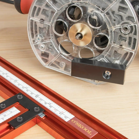 Adjustable Juice Groove Router Jig And Variable Square Template Guide With Precision Scaling For Cutting Boards Serving Trays And Pro Level Woodworking Projects With Zero Sweat Setup Measuring 23 6 By 23 6 In. close-up of router tip and measuring guide.