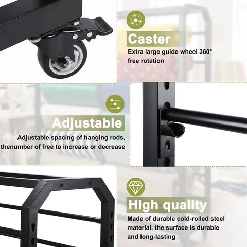 Straight Up Heavy Duty 16 Rods Fabric Roll Storage Rack With Adjustable Hanging Bars Easy Glide Casters showing adjustable rods and durable caster.