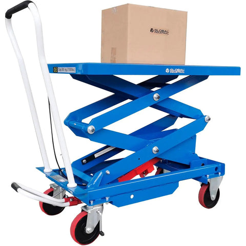 Mobile Double Scissor Lift Table With 39 By 20 Platform And 1100 Lbs Capacity Featuring Pedal Powered Hydraulic Rig showcasing a blue lifting cart with a cardboard box.