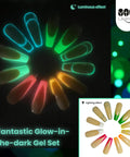 Glow In The Dark Gel Nail Polish Kit With 6 Neon Colors UV Fluorescent Gel Set in a circular display glowing in darkness.