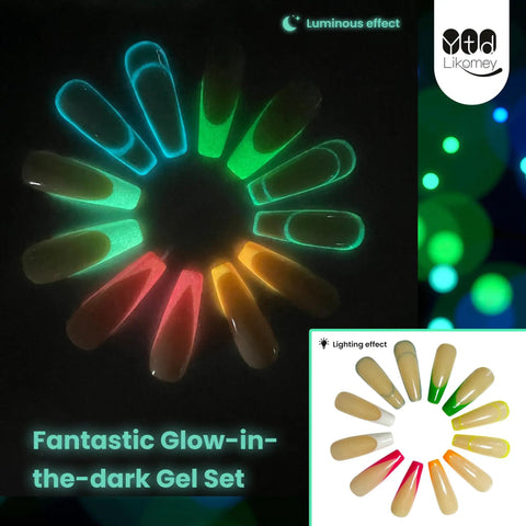 Glow In The Dark Gel Nail Polish Kit With 6 Neon Colors UV Fluorescent Gel Set in a circular display glowing in darkness.