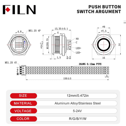 Built Tough Three Pack 12mm Momentary Push Button Switch With Bright Green Led Indicator And IP67 Waterproof Rating Featuring Pre Wired Leads For Straightforward Hookup On 12V Or 24V DC Panels in detailed dimensions and specifications.