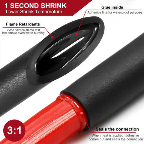 Close-up of Red Heat Shrink Tubing Kit 300 Pieces With 1.77 Inch Lengths In Seven Sizes 3 To 1 Shrink Ratio Marine Grade Waterproof