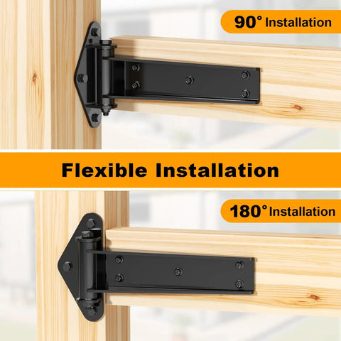 Solid As A Rock Weld On T Hinges For Heavy Duty Gates 13 Inch showing 90° and 180° installation options on wood frame.