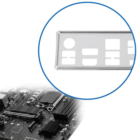 Beefy IO Shield Backplate For Pro B760-P WiFi DDR4 Motherboard showing metal frame design in circular inset view