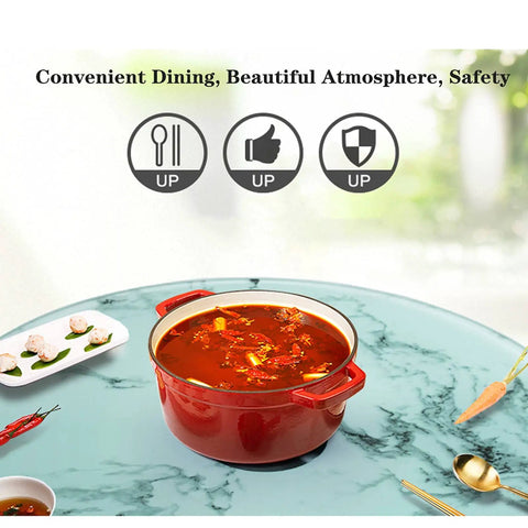 Red pot on Large Lazy Susan Turntable For Dining Table And Kitchen With Tempered Glass Surface Smooth Aluminum Bearing 360 Degree Swivel