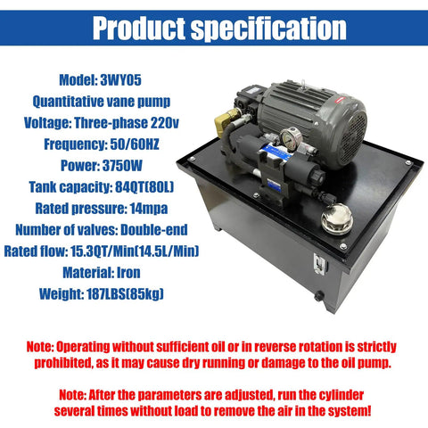 Dinenovote 3750w Hydraulic Power Unit With 80L Tank, Double-End Valve And Quantitative Vane Pump, 14Mpa Pressure Rating, Hard Tube Wiring For Continuous Industrial Use. Great Bang For Your Buck! showing product specifications on a black iron unit.