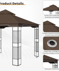 Replacement Gazebo Canopy 10 X 12 Ft Durable Outdoor Roof Cover For Regency II Patio Gazebo Fits L GZ798PST, L GZ798PST E, A111014400, A101004104, A101004105 Brown featuring detailed product design with double-layer canopy, mosquito netting, and drainage holes.