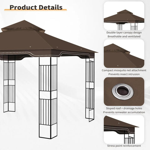 Replacement Gazebo Canopy 10 X 12 Ft Durable Outdoor Roof Cover For Regency II Patio Gazebo Fits L GZ798PST, L GZ798PST E, A111014400, A101004104, A101004105 Brown featuring detailed product design with double-layer canopy, mosquito netting, and drainage holes.