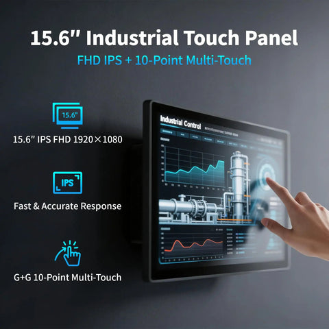 15.6 Inch All In One Industrial Panel PC With Android 12 Fanless RK3399 touchscreen showing industrial control interface