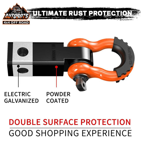 2 Inch Tow Hitch Receiver With Three Quarter D Ring Shackle And Five Eighth Screw Pin Heavy Duty 45000 Lbs Break Strength Off Road Towing Accessory Orange And Black For Vehicle Trailer Recovery, electric galvanized and powder coated, side view