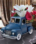 Old School Blue Metal Truck Planter Decor For Farmhouse Tables And Desks Rustic Country Style Shelf Decor Classic Pickup Truck Centerpiece with flowers