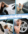Men and child looking at car scratches; Car Scratch Repair Kit With 2 Pack Touch Up Paint Pens And Varnish Clear Coat For Chips