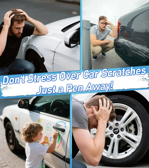 Men and child looking at car scratches; Car Scratch Repair Kit With 2 Pack Touch Up Paint Pens And Varnish Clear Coat For Chips