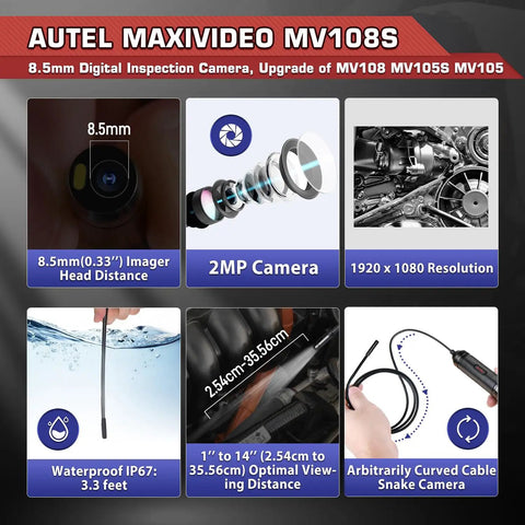 MV108S Digital Inspection Camera 1920x1080 HD 2MP Bore Scope With 8.5mm Imager Head For Tight Pipes And Narrow Corners Clear Crisp Images For Plumbing Automotive And Home Diagnostics.