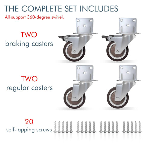 Image of 2 Inch Side Mount Caster Set, 4 Pack With 2 Swivel And 2 Brakes, L Shape Plate For Furniture, Cabinets, 20 screws included.