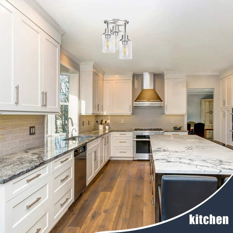 3 Light Semi Flush Mount Ceiling Light With Brushed Nickel Finish And Clear Seeded Glass Shades in modern kitchen
