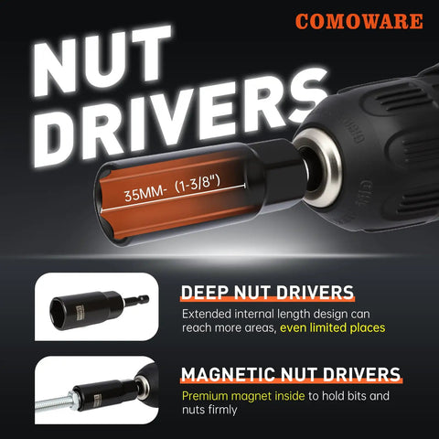 Killer 55 Piece Magnetic Impact Nut Driver Set Featuring Deep Metric And Sae Sockets with magnetic nut driver and measurement.