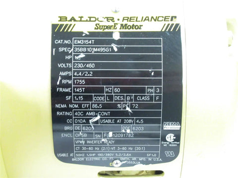 Nameplate details of 1.5 HP 1725 RPM 145T ODP Dual Voltage Electric Motor 230/460V EM3154T