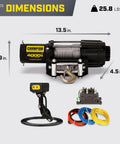 4000 Pound ATV And UTV Winch Kit With Mini Rocker, Full Mounting Channel, Roller Fairlead, Wiring Kit Shown With Dimensions