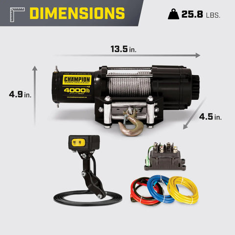 4000 Pound ATV And UTV Winch Kit With Mini Rocker, Full Mounting Channel, Roller Fairlead, Wiring Kit Shown With Dimensions