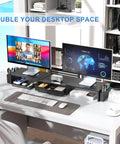 Dual Monitor Stand Riser With Drawer And Magnetic Pen Holders Adjustable Desk Organizer For Home Office Keeps Your Desk Setup Clean And Neat Sturdy Computer Monitor Stand With Top Shelf Black on a white desk