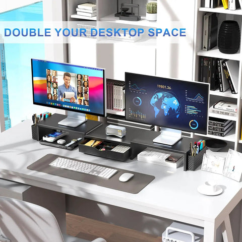 Dual Monitor Stand Riser With Drawer And Magnetic Pen Holders Adjustable Desk Organizer For Home Office Keeps Your Desk Setup Clean And Neat Sturdy Computer Monitor Stand With Top Shelf Black on a white desk