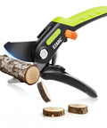 Bypass Pruning Shears With 1 Inch Cut Capacity For Easy Garden Trimming, Sharp SK5 Steel Blade cutting a branch, green handle.