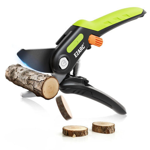 Bypass Pruning Shears With 1 Inch Cut Capacity For Easy Garden Trimming, Sharp SK5 Steel Blade cutting a branch, green handle.