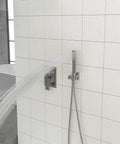Wall Mounted Square Shower System with Adjustable Flow, showcasing brushed nickel handheld shower and spray.