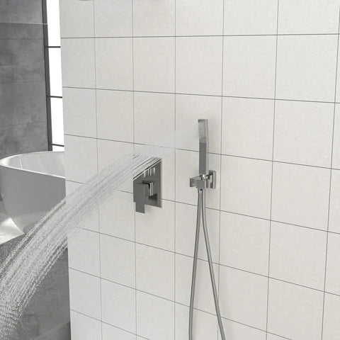 Wall Mounted Square Shower System with Adjustable Flow, showcasing brushed nickel handheld shower and spray.