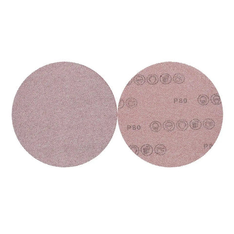 Peel And Switch 7 Inch Hook Loop Sanding Discs With Dust Vent Holes For Wood Metal And Plastic 80 To 800 Grit Assortment Pack Of 10 - close-up view of two discs.
