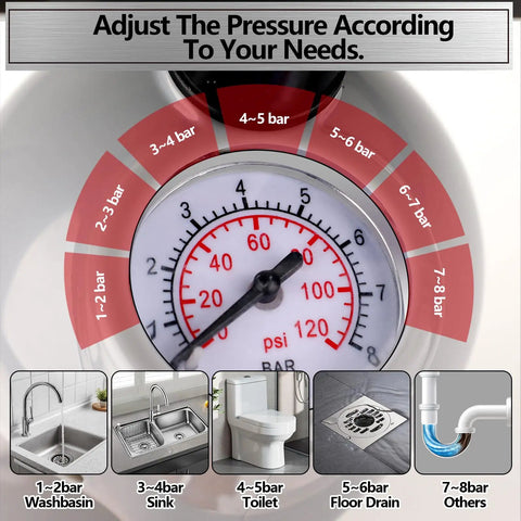 Pressure gauge with adjustable settings for Kick Loose Deep Clogs Fast With This High Pressure Toilet Plunger And Multi Purpose Heavy Duty Bathroom Auger Offering Six Snap On Heads For Clearing Sink And Drain Lines Every Day Grey.