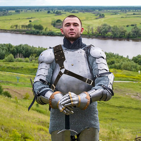 Medieval Sword Holster Back Strap for Shoulder or Crossbody worn with Viking armor outdoors