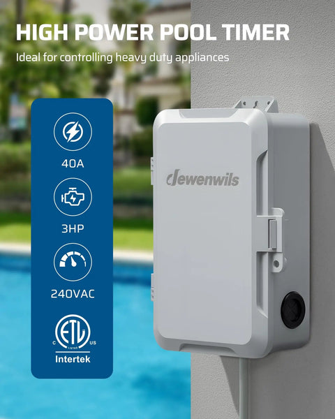 Tough As Nails Outdoor Pool Pump Timer with electrical connections mounted outdoors near a pool, showing power specifications.