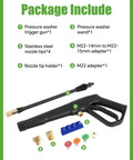Pressure Washer Gun Set Universal Fit Heavy Duty With 2320 PSI Max 5000 PSI Burst Replaces Ryobi Greenworks Karcher Sun Joe Craftsman Power Stroke M22 14mm And M22 15mm Fittings Includes 4 Stainless Steel Nozzle Tips And Holder components