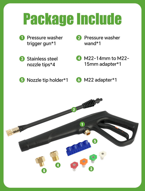 Pressure Washer Gun Set Universal Fit Heavy Duty With 2320 PSI Max 5000 PSI Burst Replaces Ryobi Greenworks Karcher Sun Joe Craftsman Power Stroke M22 14mm And M22 15mm Fittings Includes 4 Stainless Steel Nozzle Tips And Holder components