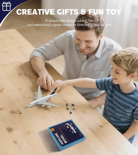 Father and son assembling 1/400 Scale Airbus A380 Model With Detachable Landing Gear And Display Stand on table