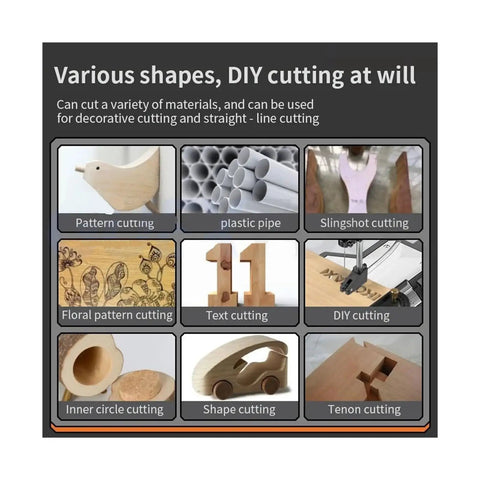 Various shapes cut with Powerful Desktop Scroll Saw For Snappy Wood Cuts With Dust Free Design And High Speed Motor Built Tough For Weekend Shop Projects And Intricate Craft Patterns Comes With Two Units.