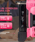 Cordless 20V Brad Nailer And Stapler Kit with 18-Gauge, showing nail size options and magazine release details.
