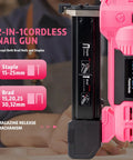 Heavy Duty 20V Cordless Brad Nailer Jam Free 18 Gauge Two In One Stapler Kit with magazine details and capacity indicators.