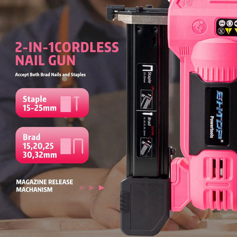 Heavy Duty 20V Cordless Brad Nailer Jam Free 18 Gauge Two In One Stapler Kit with magazine details and capacity indicators.
