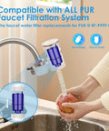 Faucet Water Filter Replacement For PUR 3 Pack NSF Certified Filtration in use on kitchen sink, hands washing fruit.