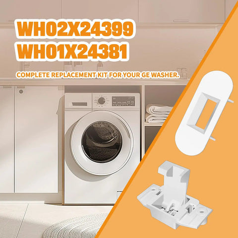 Durable Lid Lock Kit For GE And Hotpoint Washers Replacement WH01X27954 With Easy Plug And Play Install And Pro Grade Build Replaces WH01X26114 WH01X24114 EG380843M 290D1580P004 290D1580P002, GE washer image with WH01X24399 and WH01X24381 labels