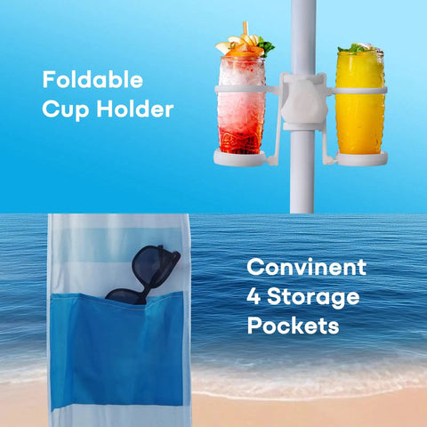 Beach Cabana With UPF50 Plus Sun Shield 8x8 Or 10x10 Canopy Tent showing foldable cup holder and storage pockets