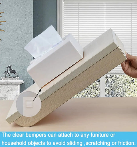 Clear Cabinet Door Bumpers Kit, 61 Pieces Self Adhesive Soft Rubber Pads on sloped surface supporting a tissue box