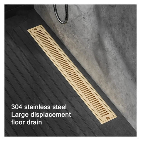 Game Changing Stainless Steel Shower Floor Drain And Hair Catcher Strainer No Sweat Quick Setup Bathroom Drainage Grate With Easy Pull Trays For Zero Hassle Cleaning In Classic Gun Gray 60CM Length visible on dark floor.