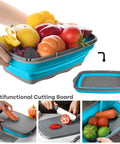 Collapsible Camping Cutting Board With Colander And Drain Basket, 9 In 1 Chopping Board for RVs and Campers in use with fruits and vegetables