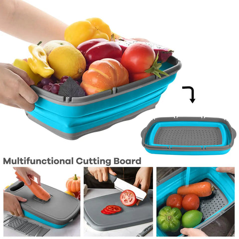 Collapsible Camping Cutting Board With Colander And Drain Basket, 9 In 1 Chopping Board for RVs and Campers in use with fruits and vegetables
